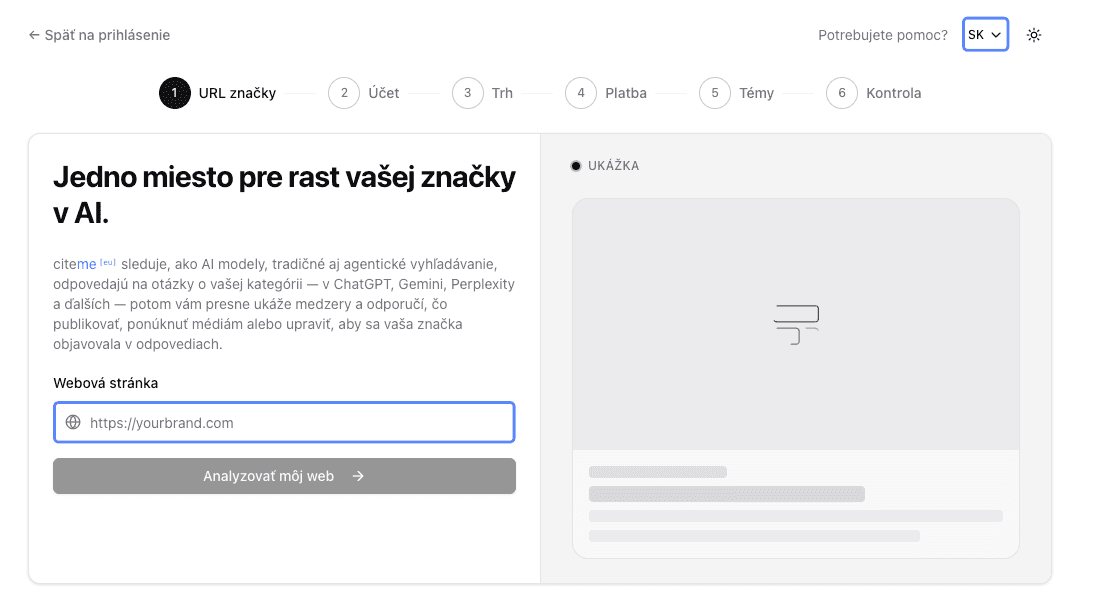 Snímka registrácie citeme.eu: zadanie URL adresy webu ako prvý z šiestich krokov nastavenia — URL, účet, trh, platba, témy, kontrola.