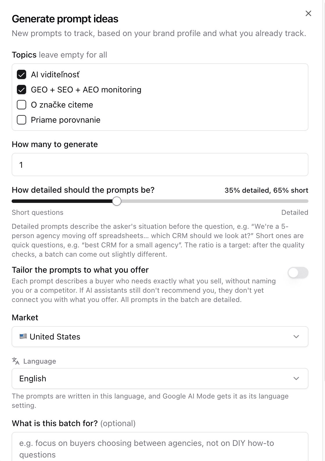 Generate prompt ideas: topics, how many to generate, the detail slider, the tailor switch, market, language and what the batch is for