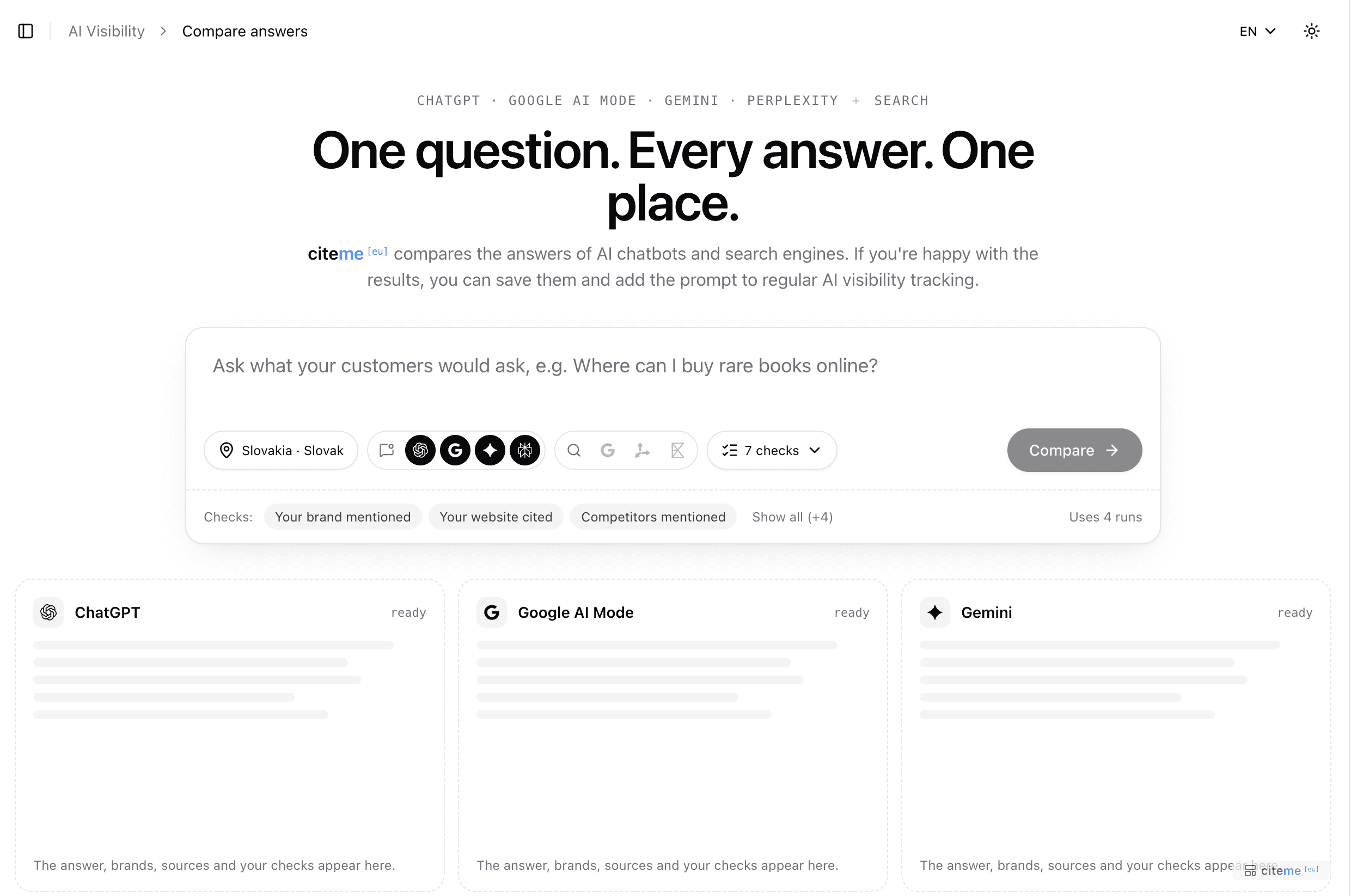 Compare answers before a run: the question box, Slovakia preset as the market, four AI chatbots preselected, search engines still off and 7 checks, with the ChatGPT, Google AI Mode and Gemini cards waiting for answers below