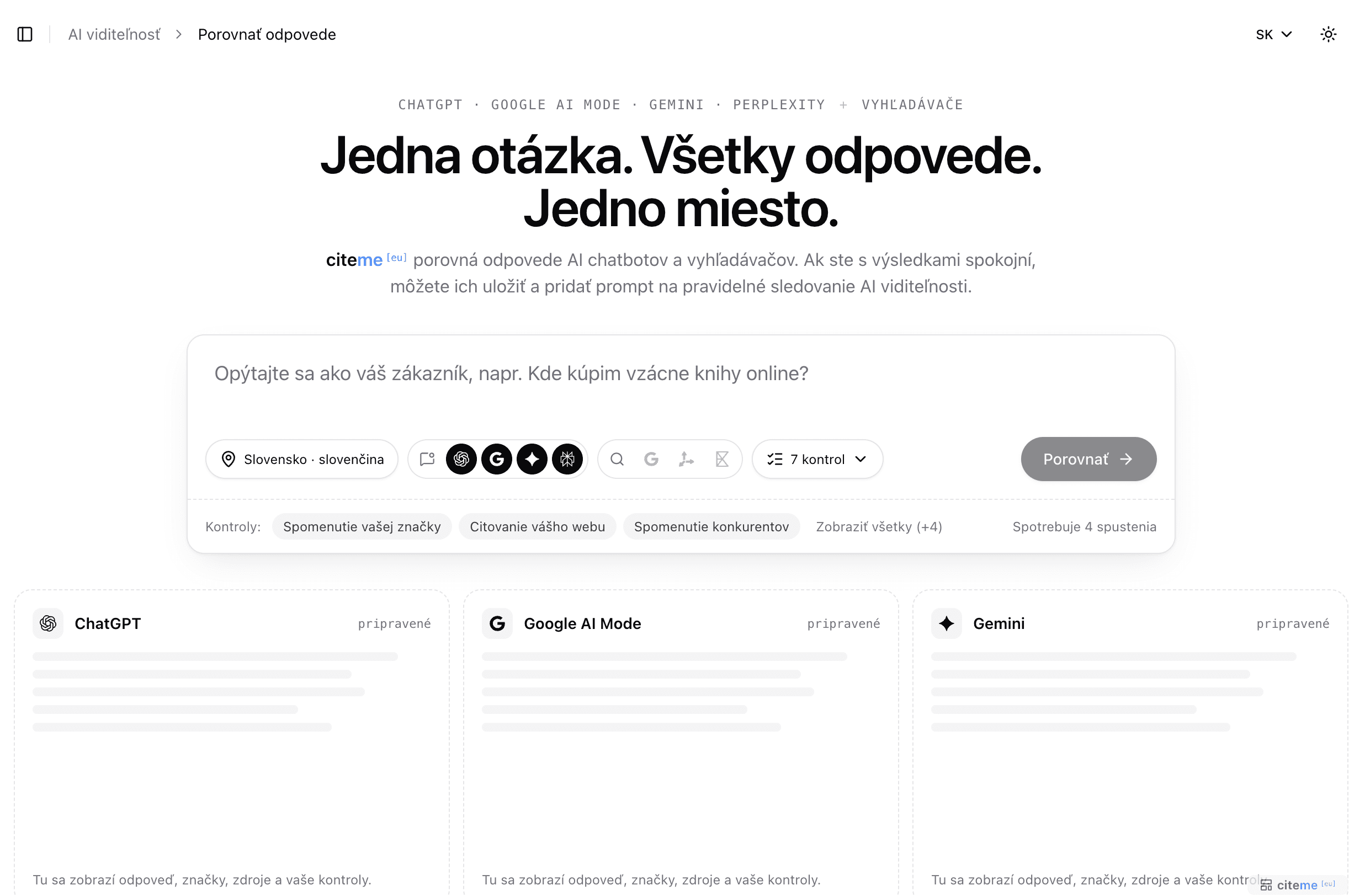 Stránka Porovnať odpovede pred spustením: pole na otázku, predvolená krajina Slovensko, štyri predvybraté AI chatboty, zatiaľ vypnuté vyhľadávače a 7 kontrol, pod tým karty ChatGPT, Google AI Mode a Gemini čakajú na odpoveď