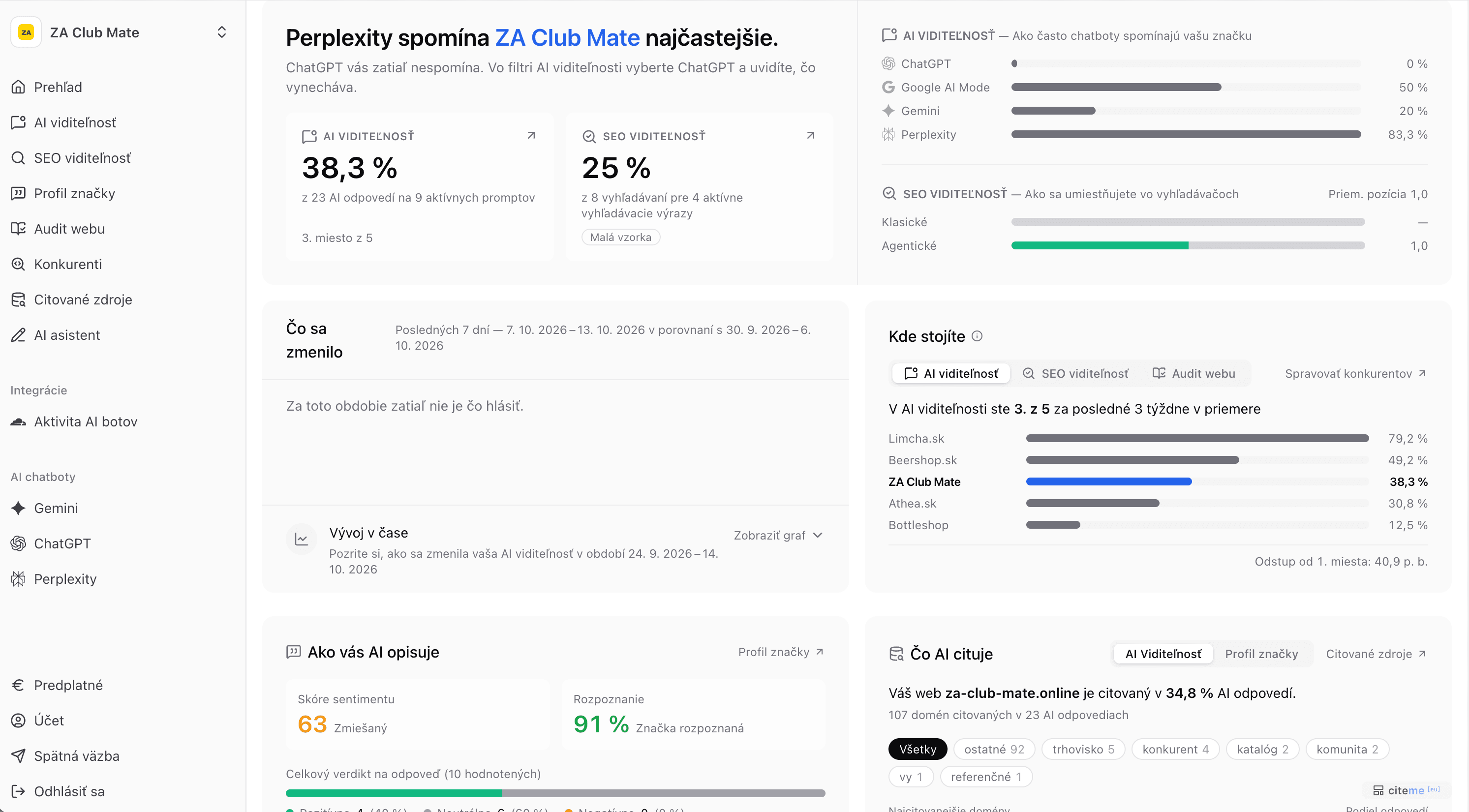 Stránka Prehľad: zhrnutie, AI a SEO viditeľnosť, kde stojíte, zozbierané dáta a čo sa zmenilo