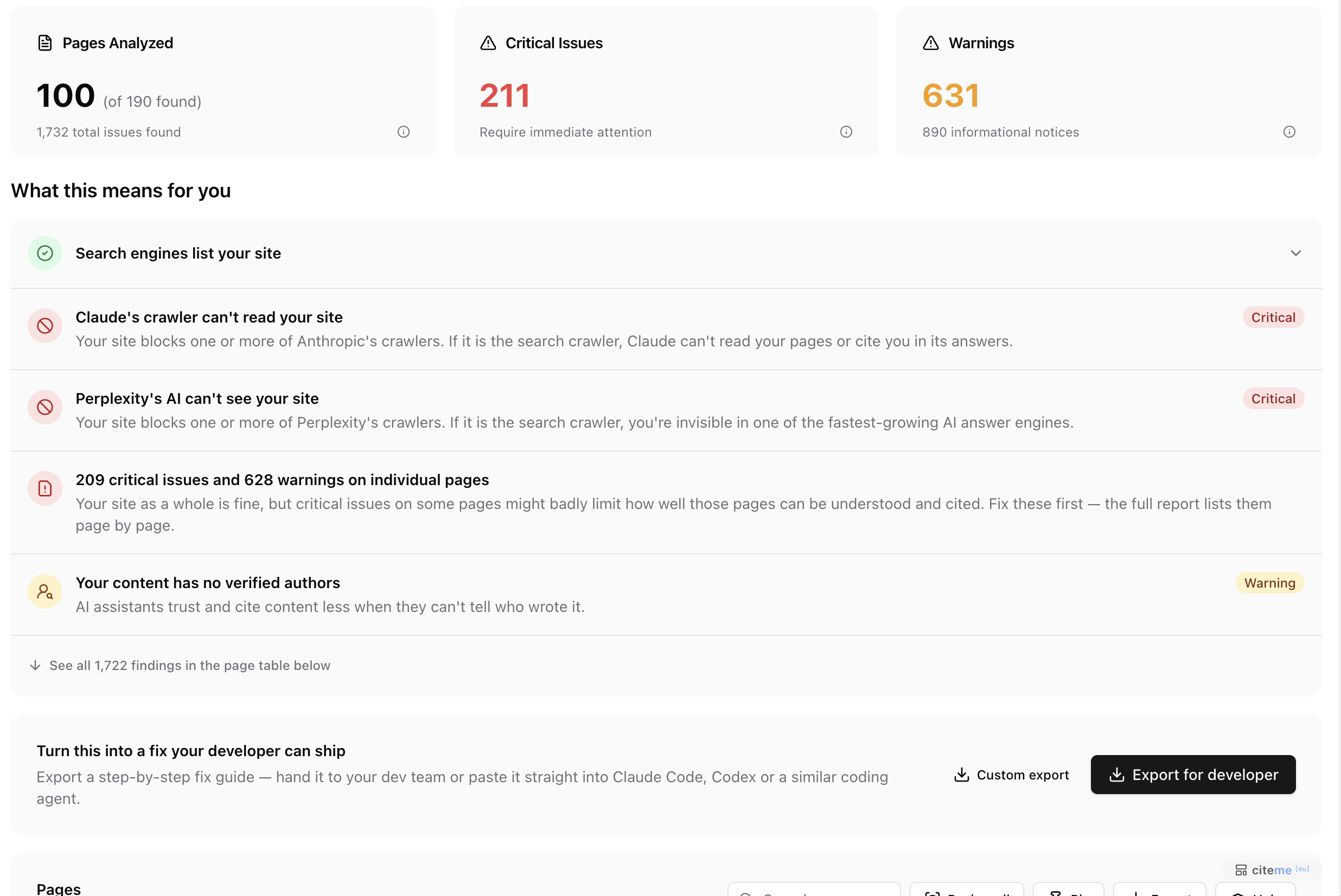 Site audit with critical findings that AI assistants cannot access the site, and an export for the developer