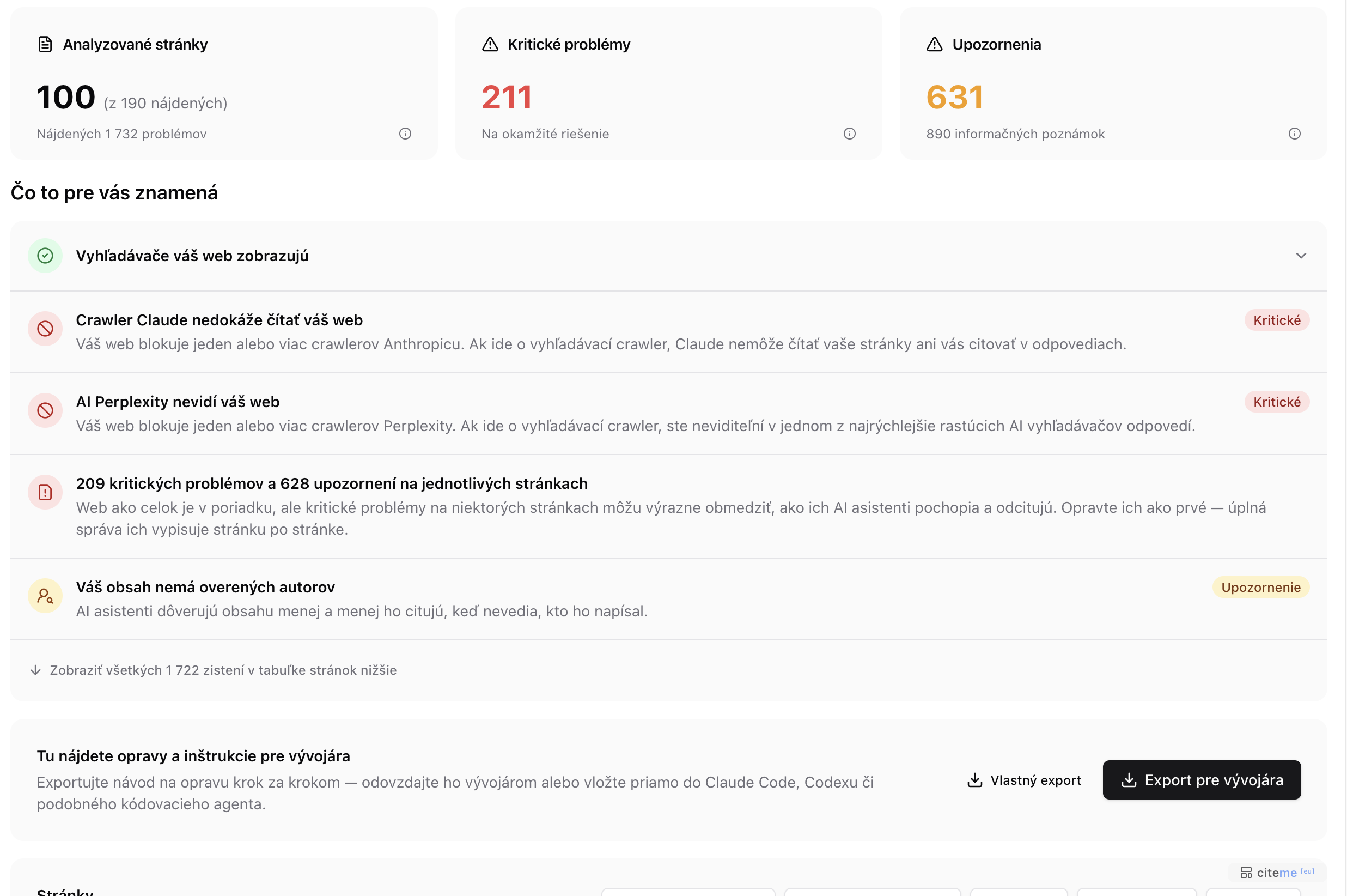 Audit webu s kritickými nálezmi, že AI asistenti nemajú prístup na web, a s exportom pre vývojára
