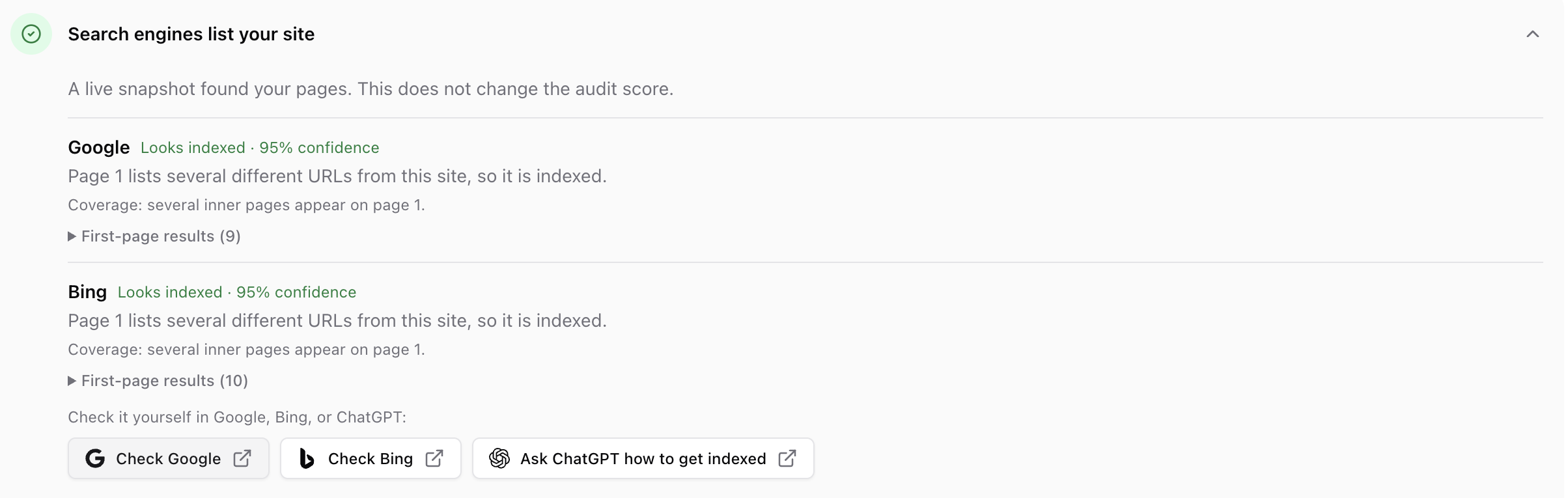 Indexing check showing which search services list the site, with the confidence of each result