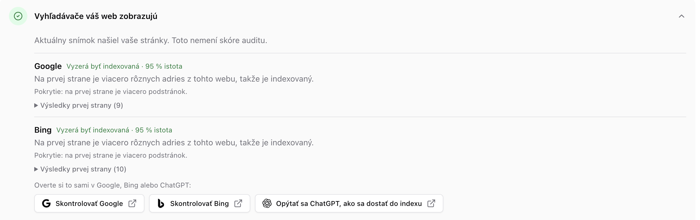Kontrola indexácie, ktorá ukazuje, ktoré vyhľadávacie služby web evidujú, aj s istotou každého výsledku