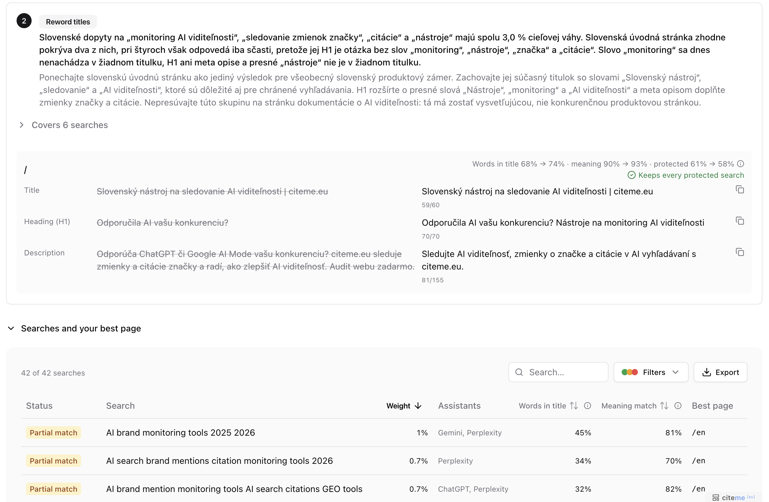 Site optimization result showing Words in titles and Meaning, plus an example rewrite of a title