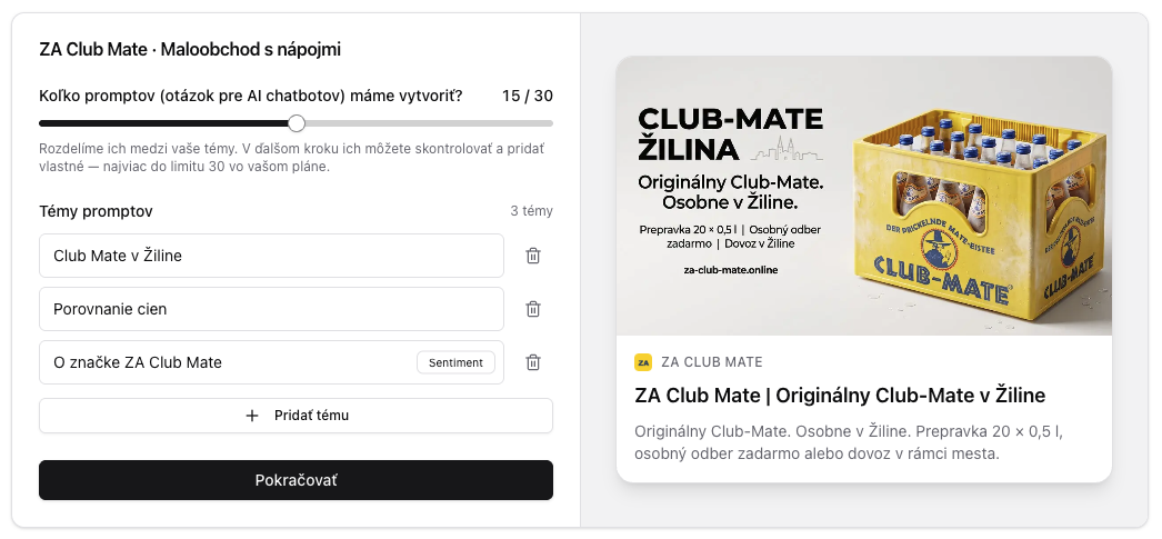 Obrazovky výberu tém a kontroly vygenerovaných promptov v citeme.eu